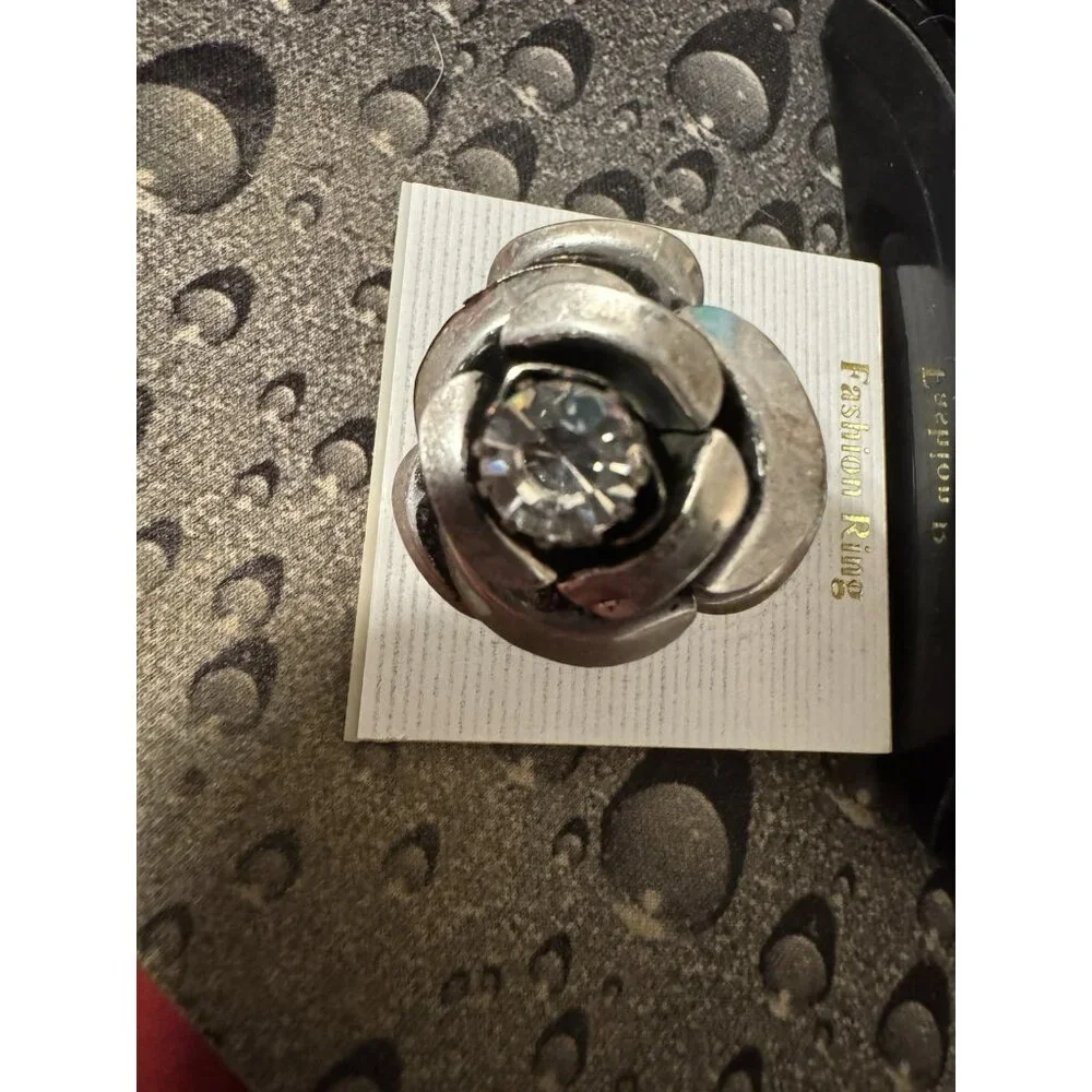 NEW Black Dark Silvertone W CZ Rose Flower Adjustable Fashion Ring Women O/S